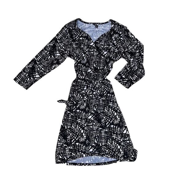 GEORGE Black & White Patterned Faux Wrap Dress Size Large - Picture 1 of 8